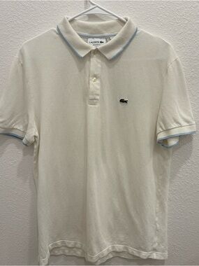 Lacoste Men's Cream Linen Blend Polo with Light Blue Trim